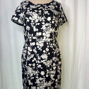 NWT Talbots Black & White Floral Print Short Sleeve Knee Length Dress Size 16